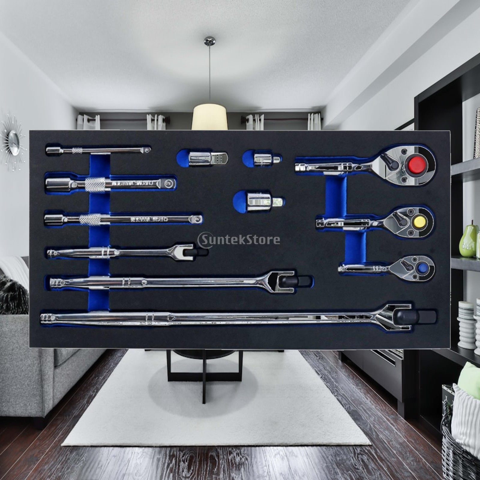 Socket Set - 12個入りラチェットツールセット。延長ロッド付きで、収納ケースに入った携帯用ソケットセット。一般的なメンテナンス作業に最適。