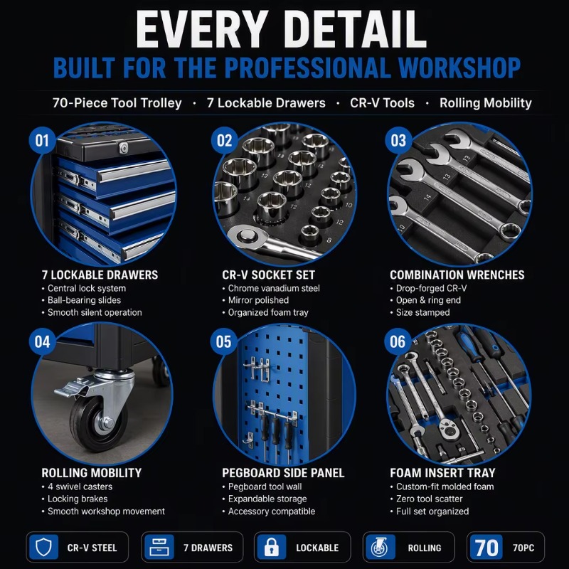 頑丈な工具トロリー。70点セットの工具キャビネット。クロムバ - Socket Set のレビューと価格